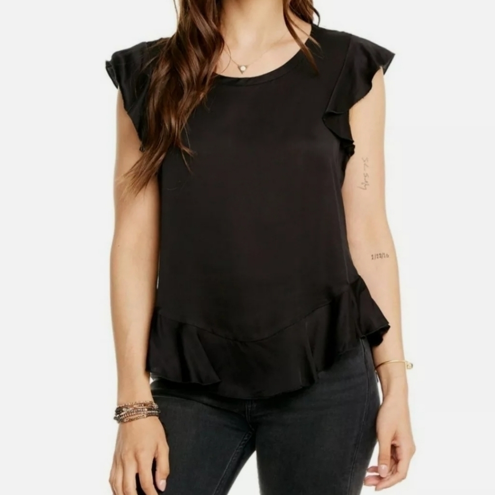 Chaser Silky Flutter Sleeve Peplum Tee Black M